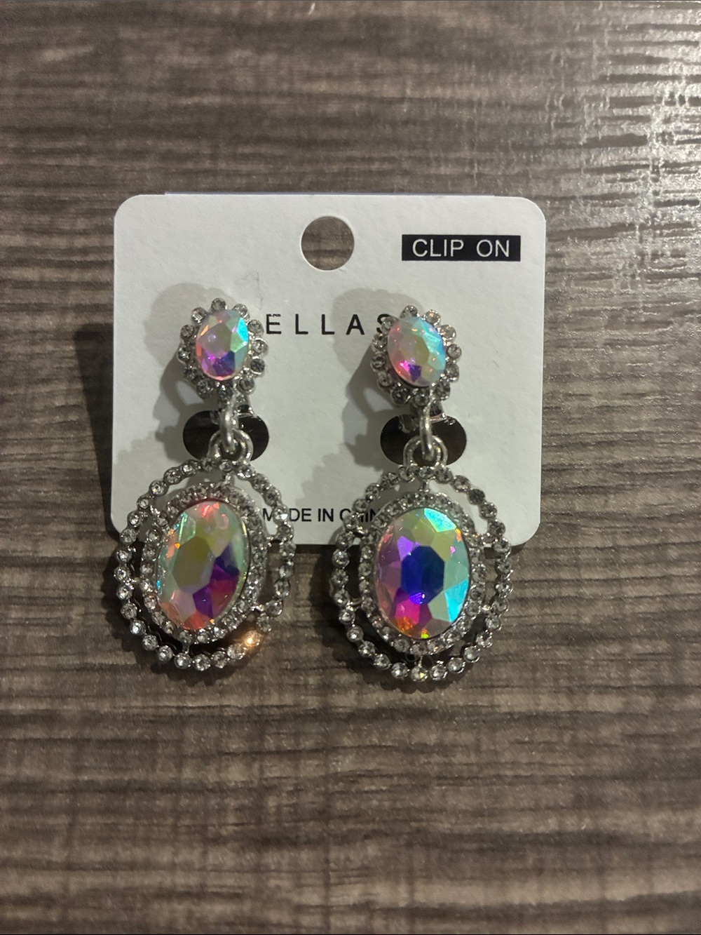 Ella Iridescent Oval Drop Clip-On Earrings with Crystal Halo